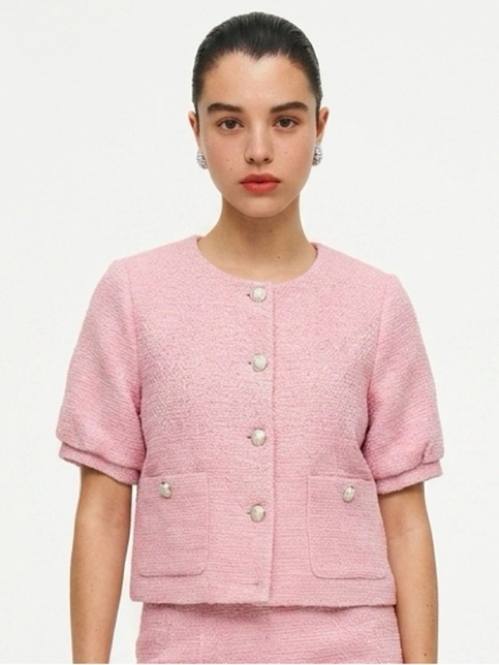 JADE | NEW Baby Pink Tweed Style Short Sleeve Blazer Jacket Women’s Size Small